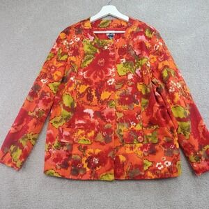 Chico's Jacket Women XL Orange Multi Abstract Floral Stretch Art to Wear Cottage